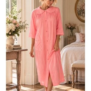 Shadowline Vintage Pink Nylon Housecoat Robe Lace Peter Pan Collar Medium D2